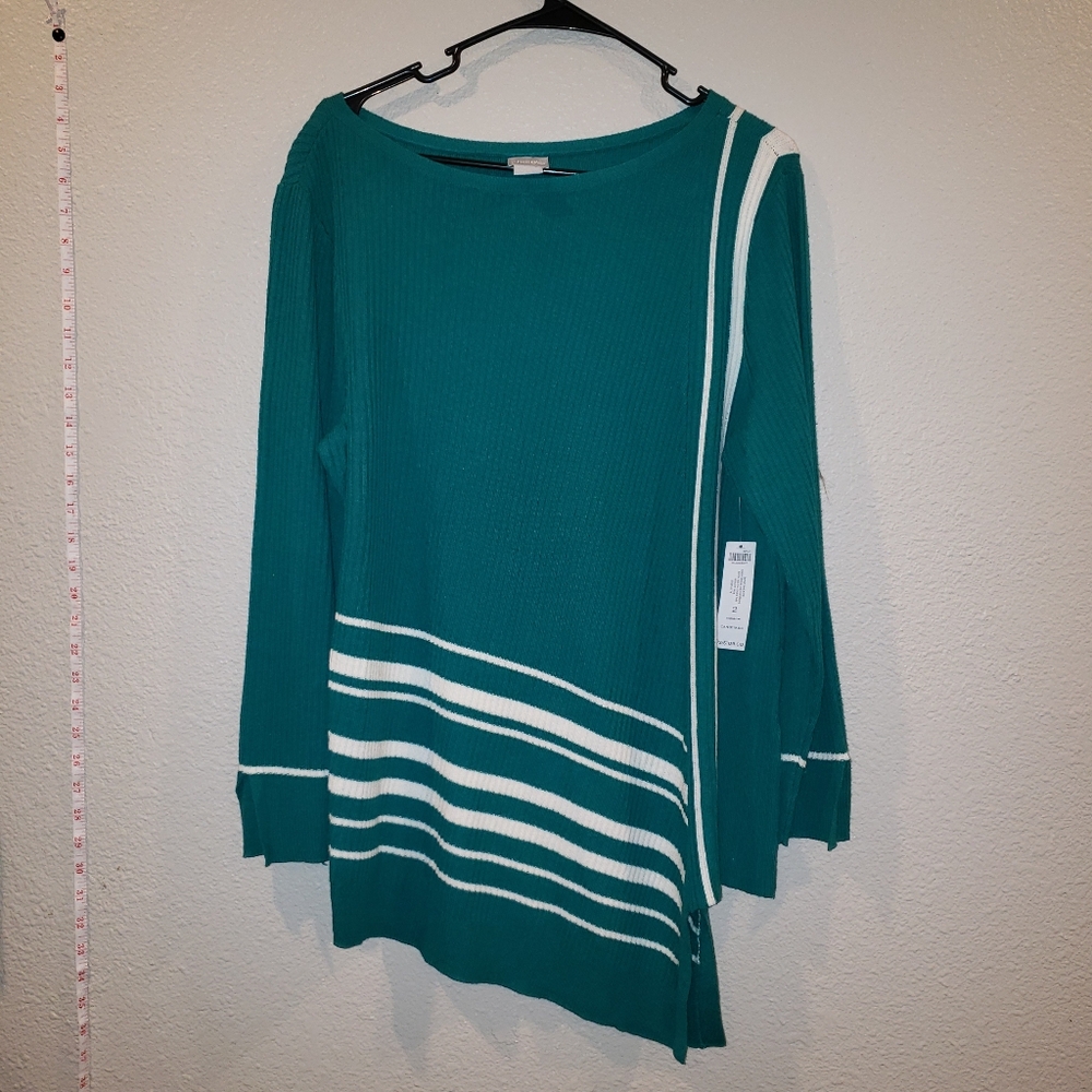 Asymmetrical-Hem Striped Tunic Sweater